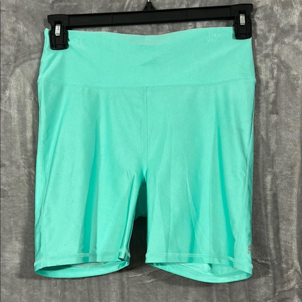 Fabletics Teal Green Athletic Shorts with Stretchy Fabric and Mid-Thigh Length
